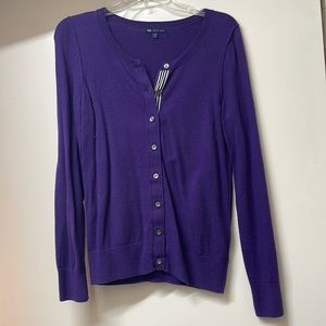 Gap purple cardigan with B&W accent band at buttons